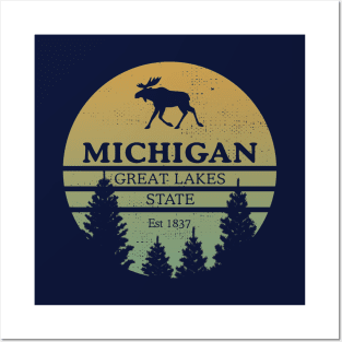 Michigan Great Lakes State Moose Trees Souvenir Distressed Posters and Art